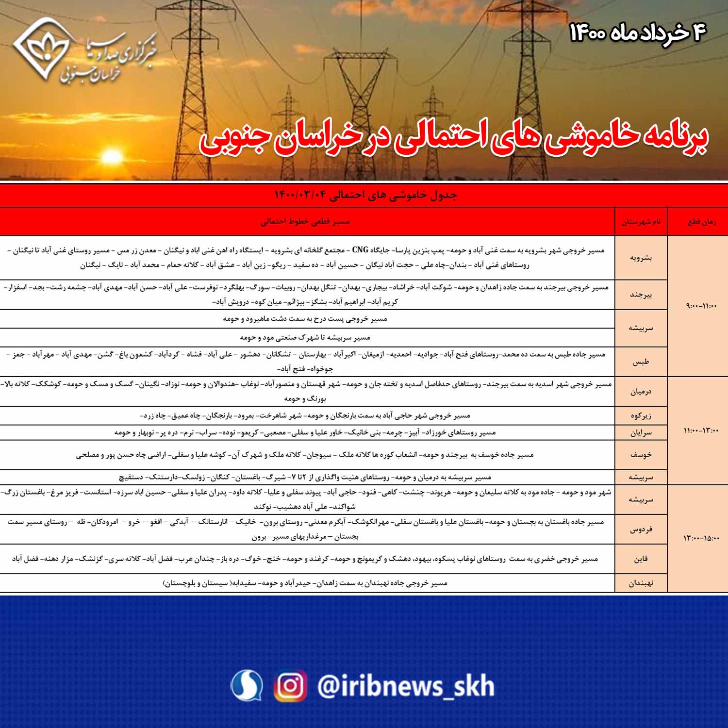 احتمال خاموشی برق امروز، در ۱۱ شهرستان