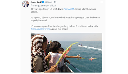 توئیت ظریف در سالگرد جنایت آمریکا در سرنگونی هواپیمای مسافربری ایران