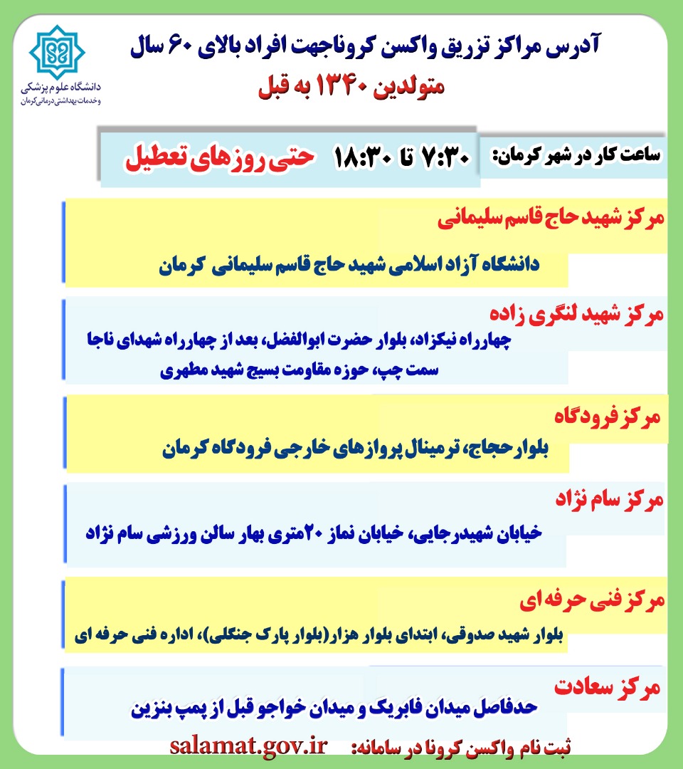 اعلام مراکز واکسیناسیون کرونا در کرمان