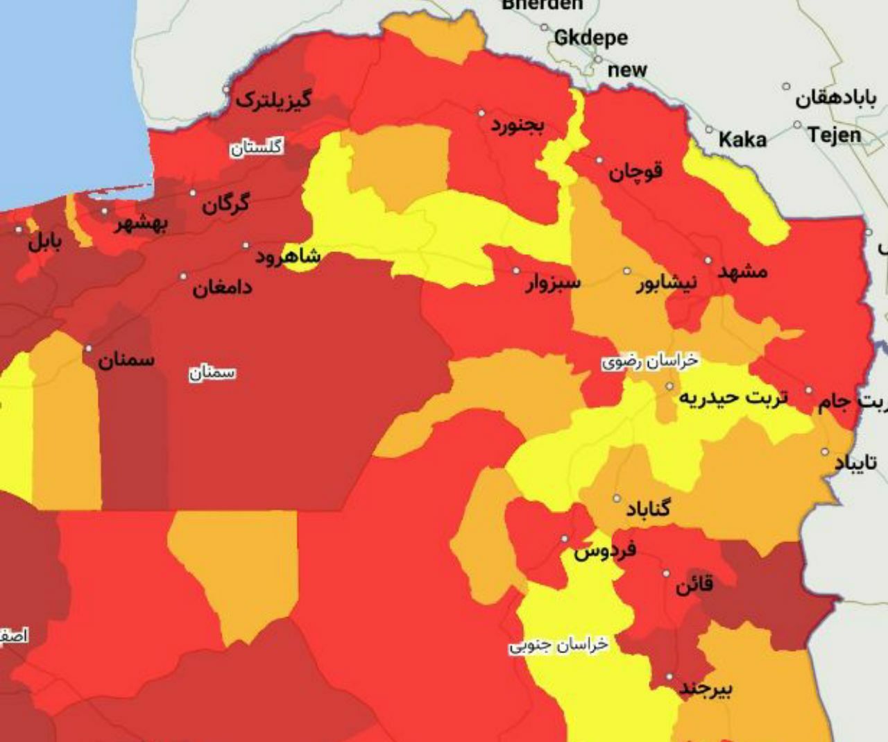 ۱۲ شهرستان خراسان رضوی در وضعیت قرمز کرونا