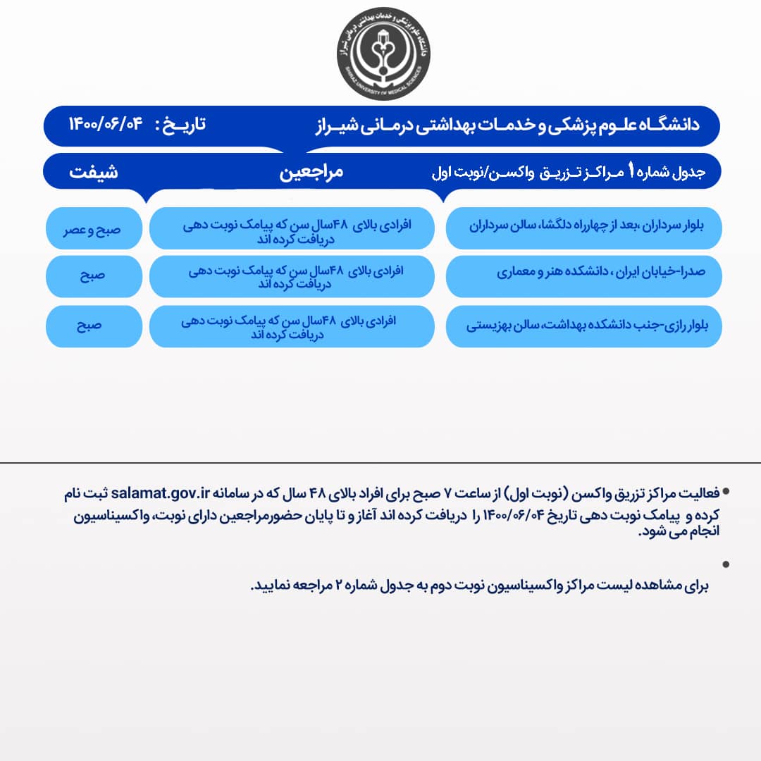اعلام مراکز واکسیناسیون  کروناو در شیراز؛ پنجشنبه ۴ شهریور