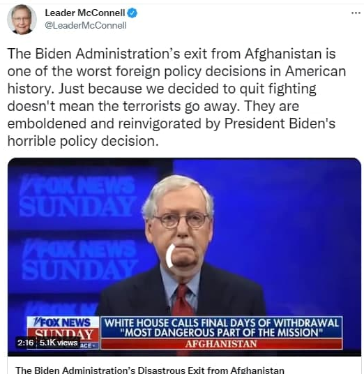 انتقاد شدید مک کانل از سیاست خروج آمریکا از افغانستان