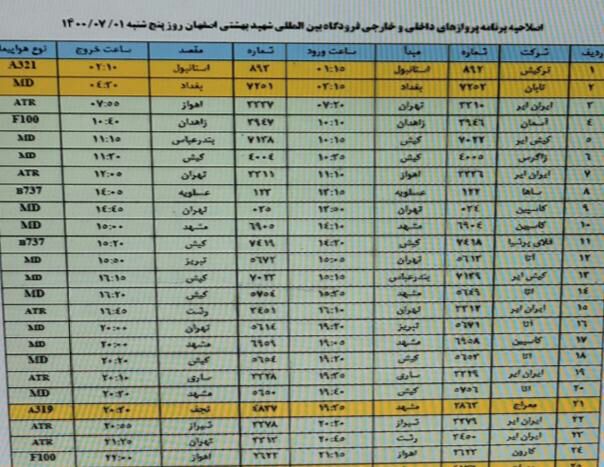 فهرست پرواز‌های فرودگاه اصفهان در اول مهر ۱۴۰۰