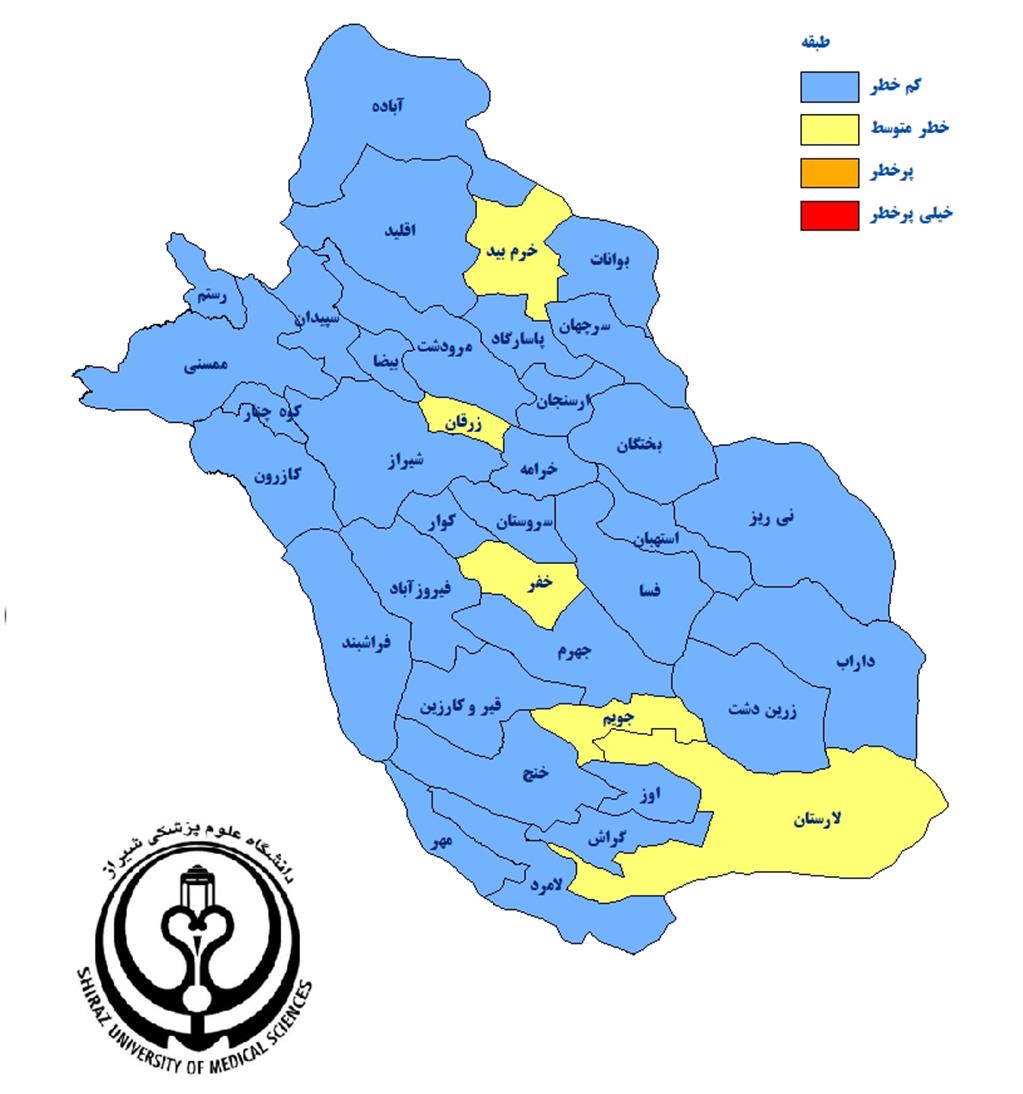 افزایش شهر‌های زرد نقشه کرونا در فارس به ۵ مورد