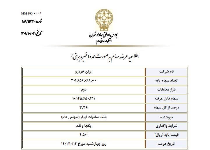 اطلاعیه عرضه ۳.۳۶ درصد از سهام شرکت ایران خودرو به صورت عمده (غیرمدیریتی)