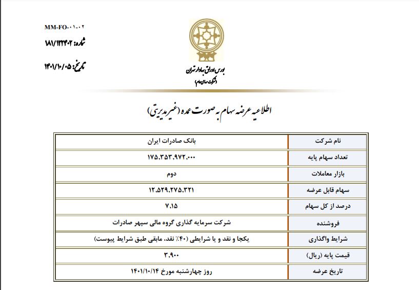 اطلاعیه عرضه ۷.۱۵ درصد از سهام شرکت بانک صادرات ایران به صورت عمده (غیرمدیریتی)