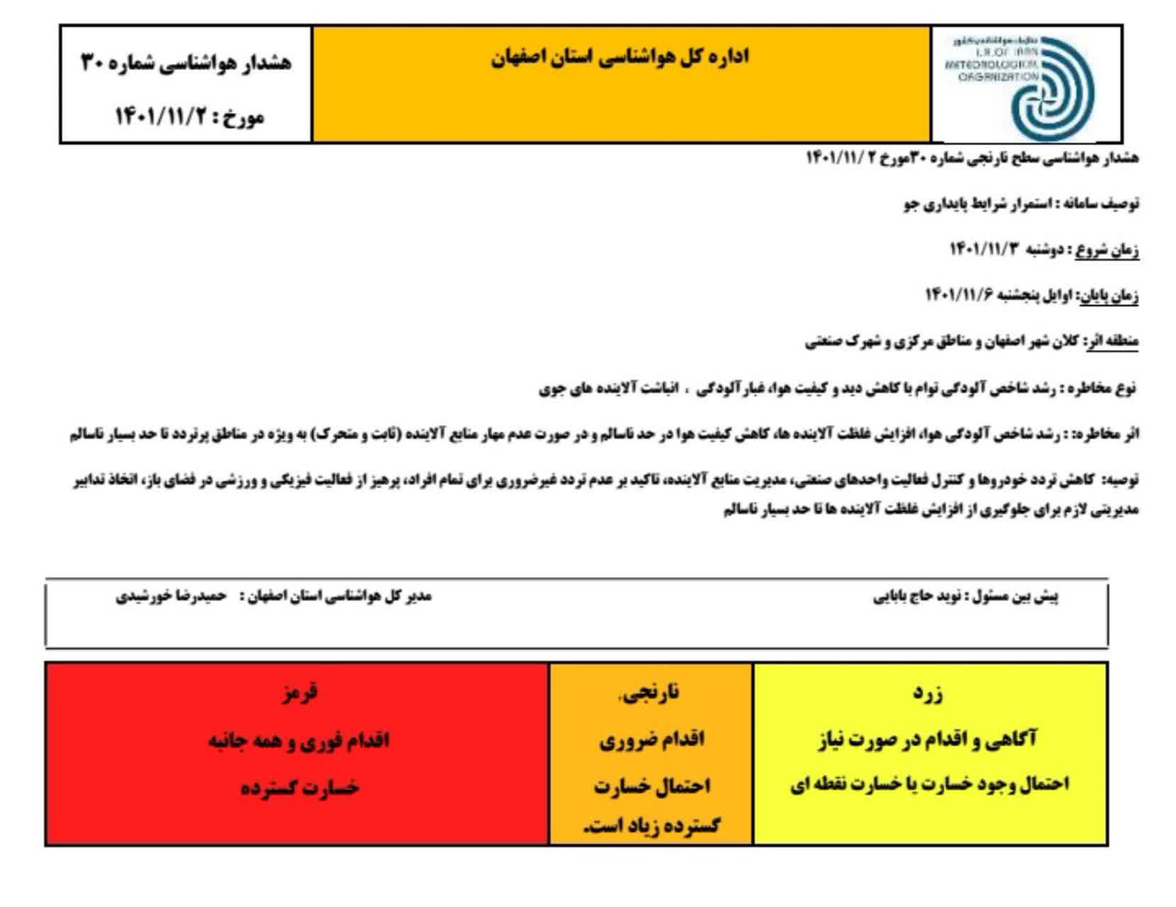 هشدار نارنجی هواشناسی استان اصفهان