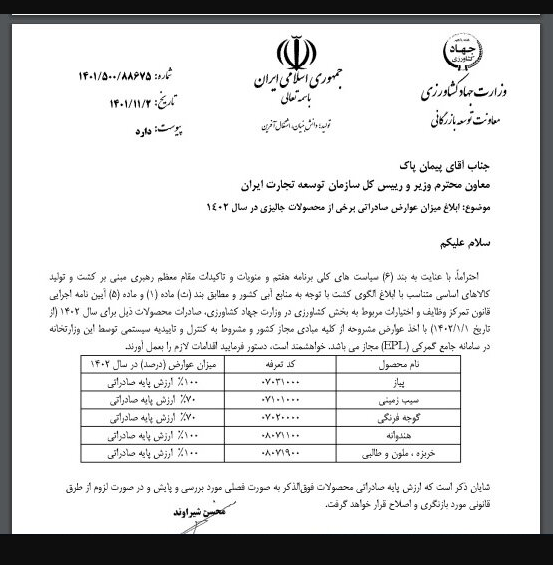 وضع عوارض صادرات برای سیب زمینی، پیاز و گوجه