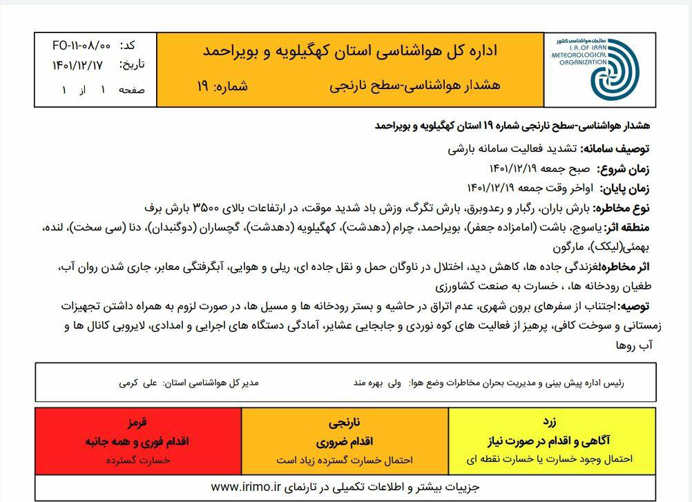 هشدار سطح نارنجی هواشناسی در استان