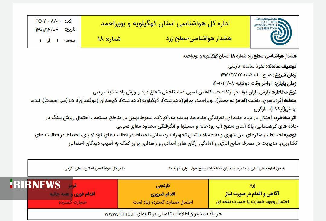 سطح هشدار زرد بارش باران و برف در استان