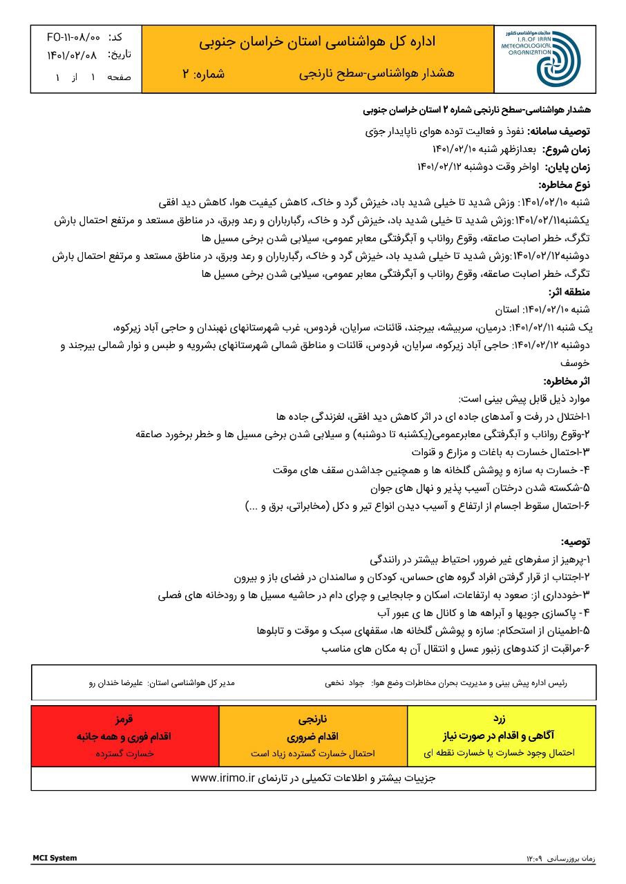 هشدار هواشناسی برای هفته آینده در خراسان جنوبی