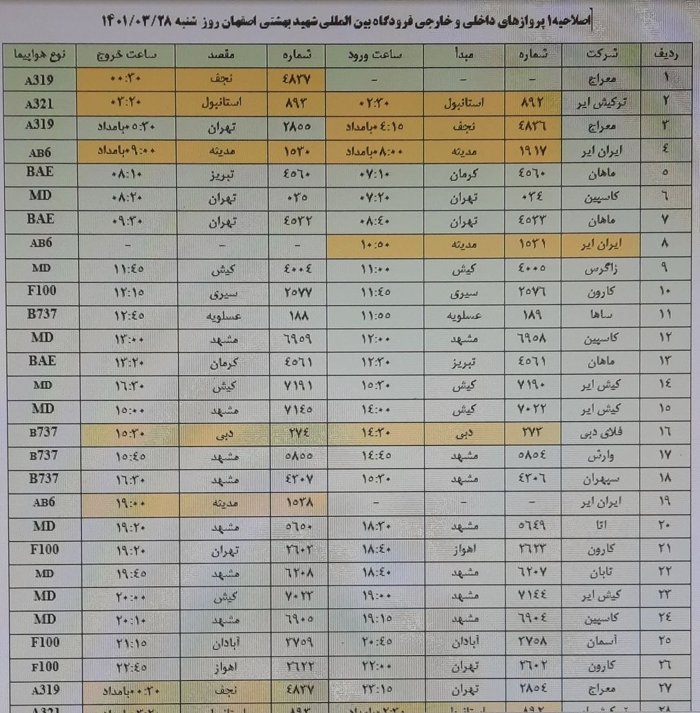 برنامه پرواز‌های فرودگاه شهید بهشتی اصفهان در ۲۸ خرداد