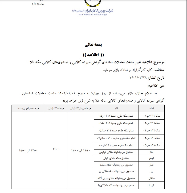 تغییر ساعت معاملات  صندوق‌های کالایی سکه طلا