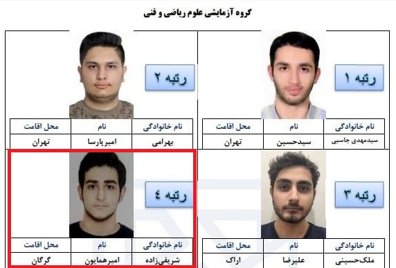 رتبه چهارم کنکور ریاضی و فنی از آن یک دانش آموز گرگانی