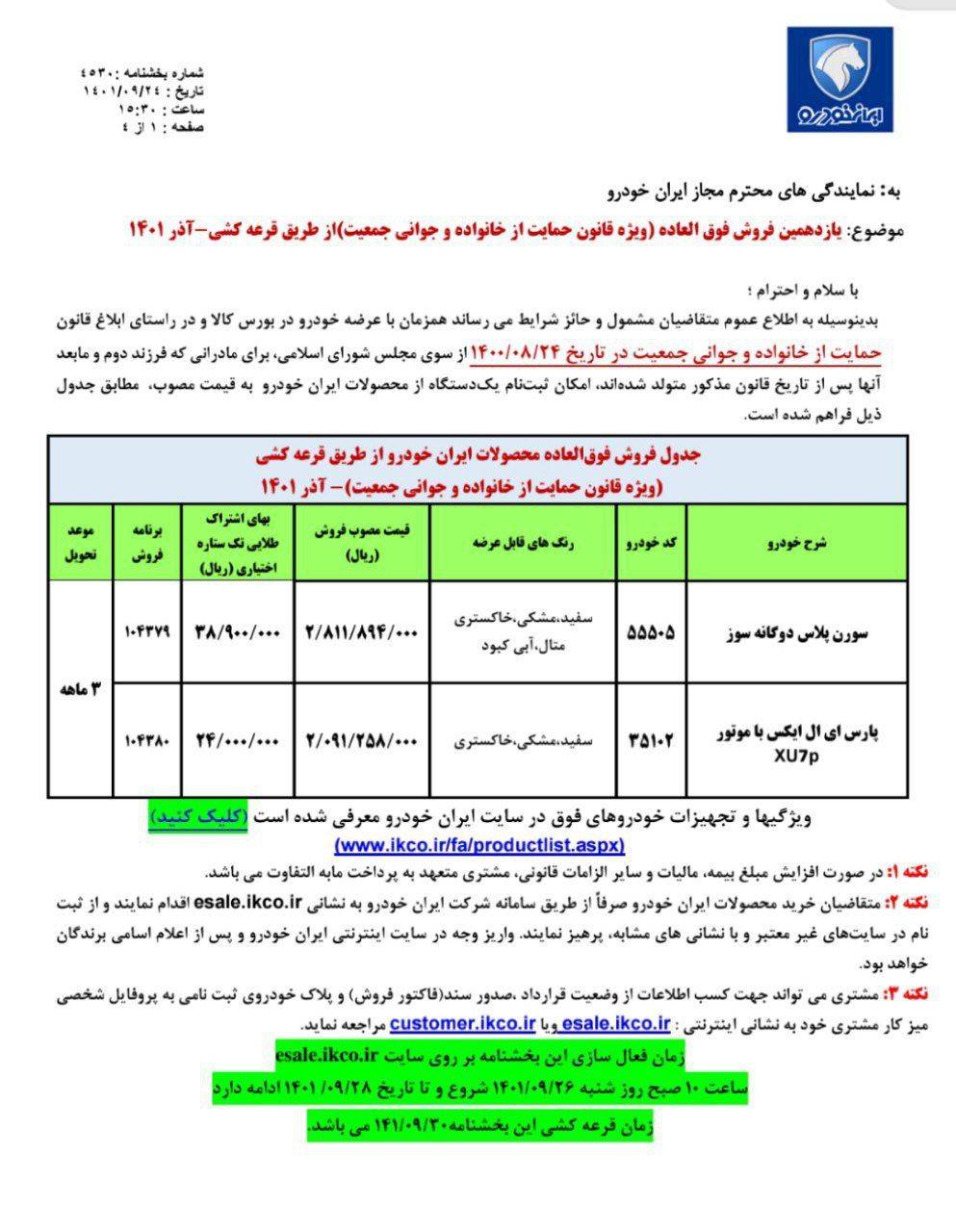 فروش فوق العاده پژو پارس و سورن ایران خودرو؛ از فردا