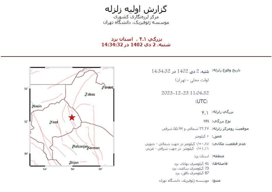 زلزله ۴.۱ ریشتری امروز بهاباد خسارتی نداشت