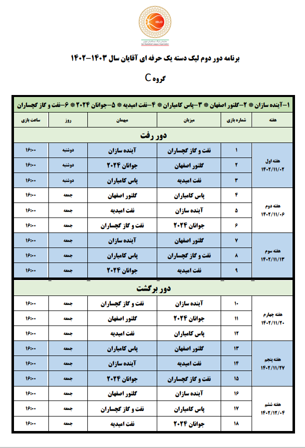 برنامه لیگ دسته یک حرفه‌ای بسکتبال آقایان