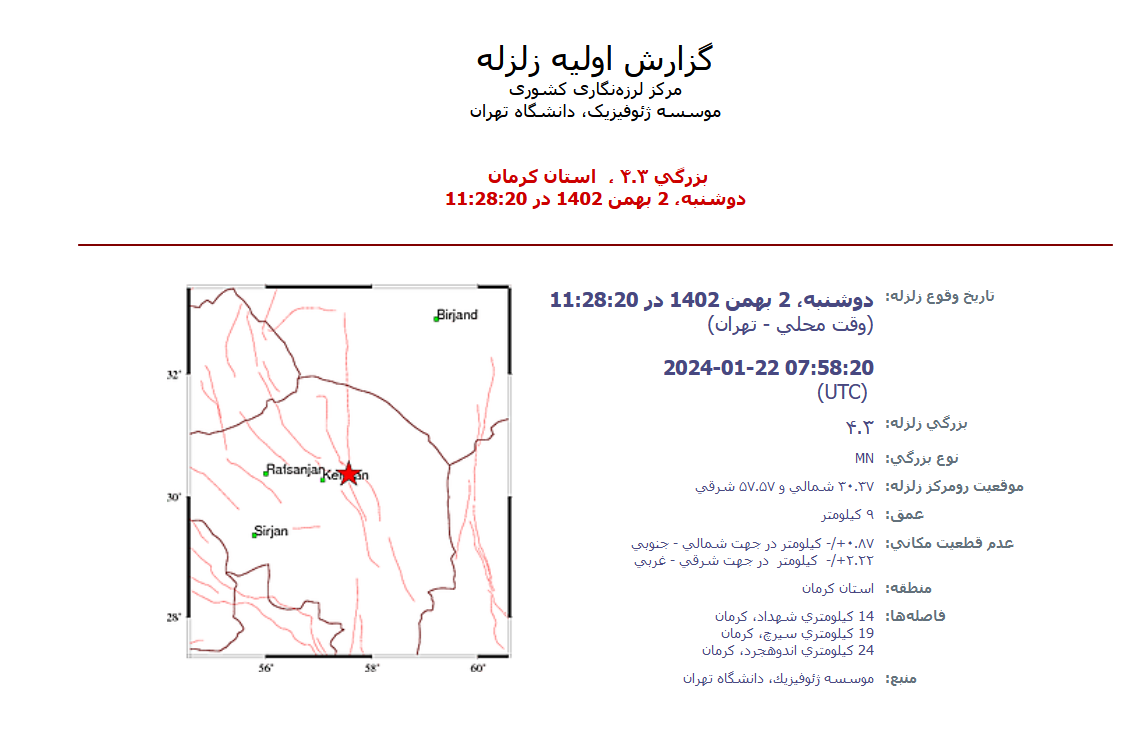 زمین لرزه در شهدادکرمان