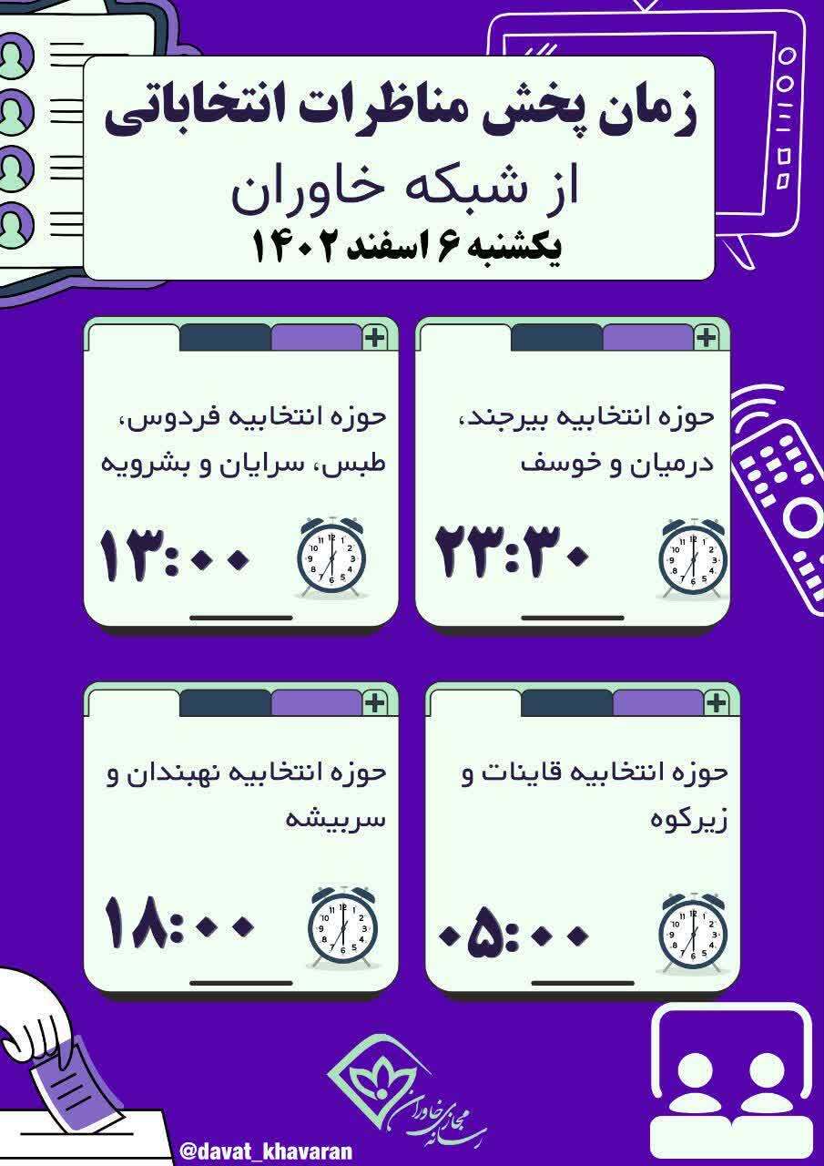 اعلام زمان پخش مناظرات تلویزیونی نامزد‌های نمایندگی مجلس شورای اسلامی ۴ حوزه انتخابیه خراسان جنوبی از رادیو و شبکه خاوران