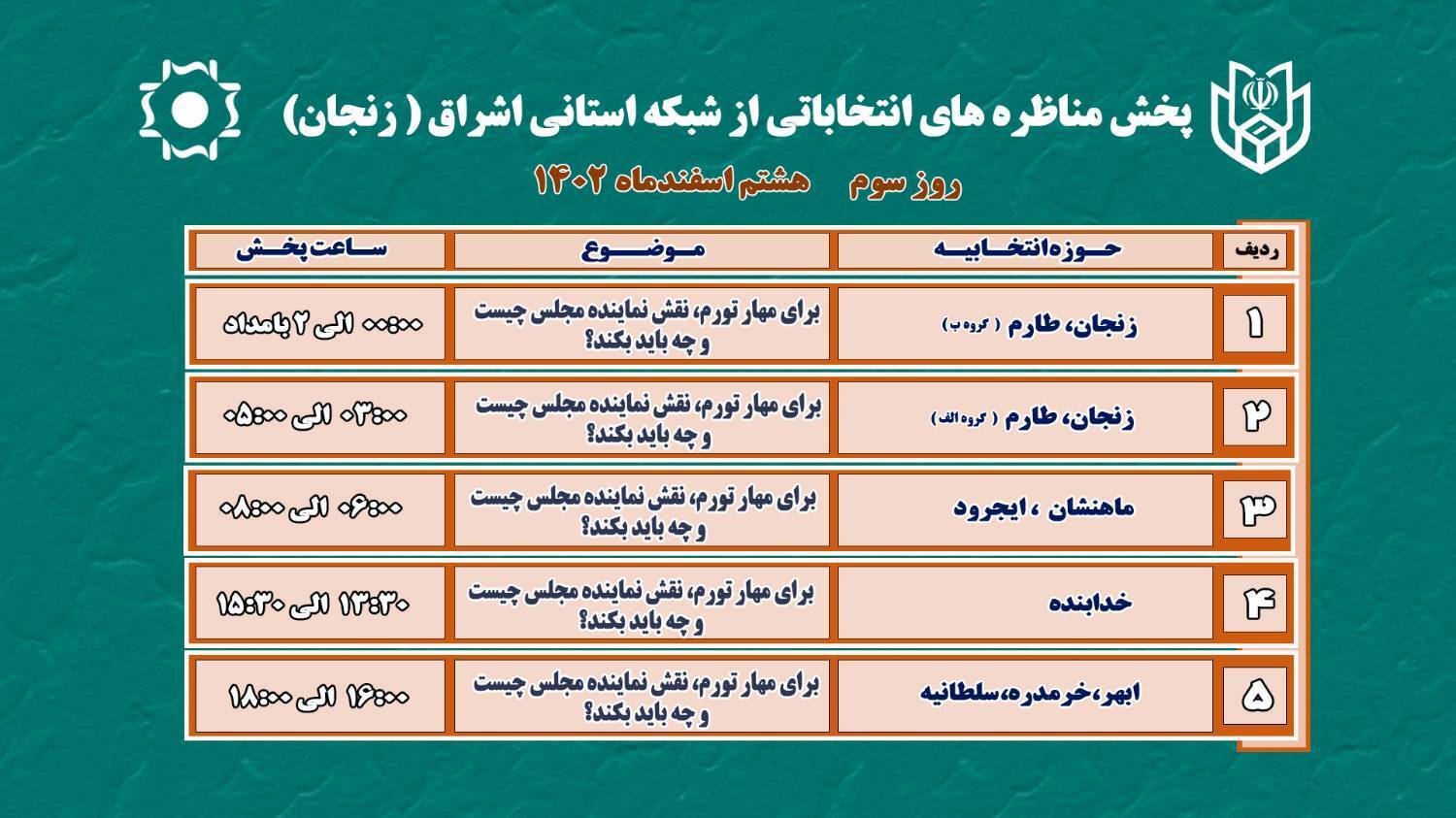 جدول پخش مناظره های ۸ اسفند نامزد‌های انتخابات مجلس از شبکه اشراق