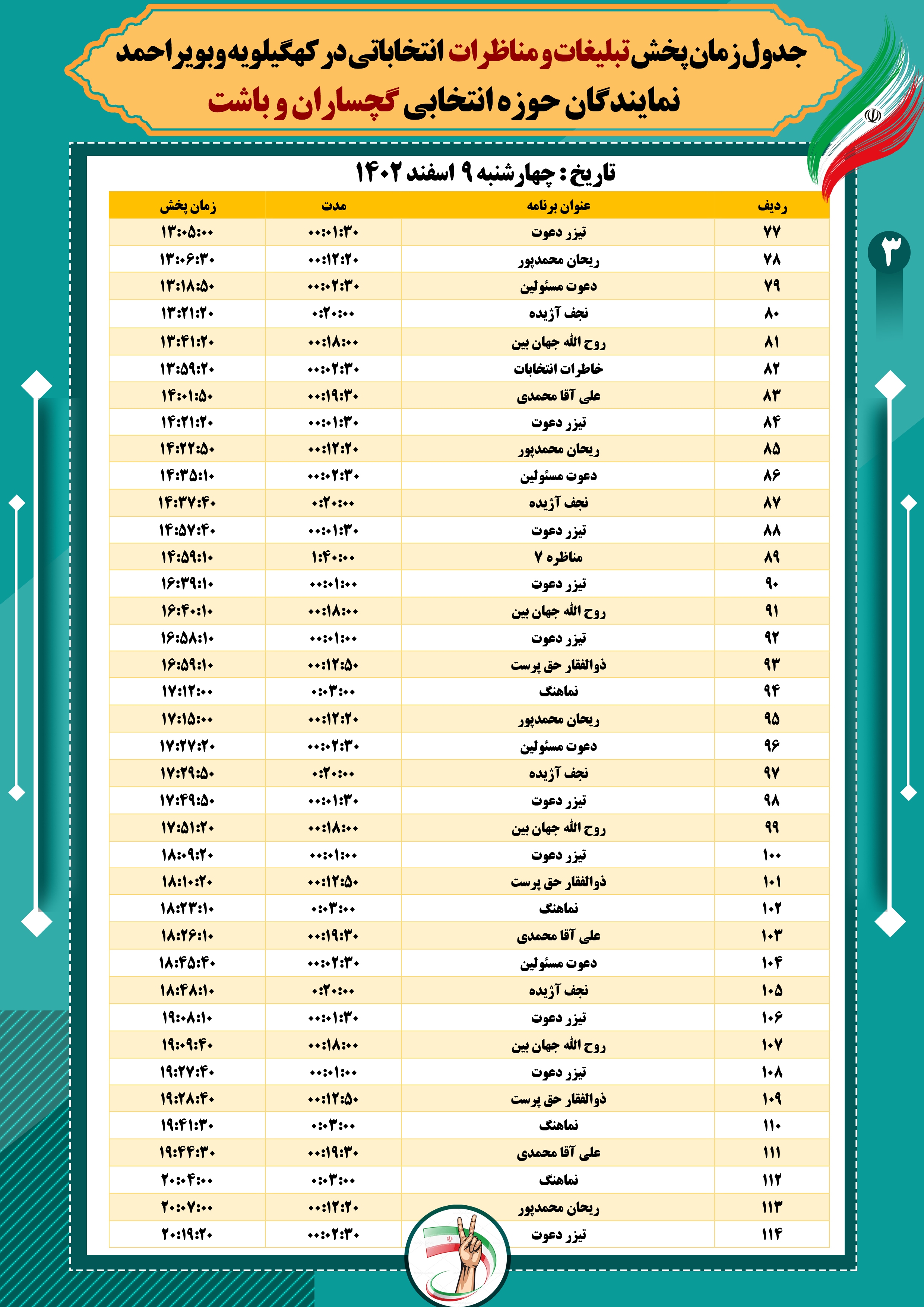 زمان پخش برنامه‌ کانال‌های انتخاباتی صدا و سیمای شبکه دنا