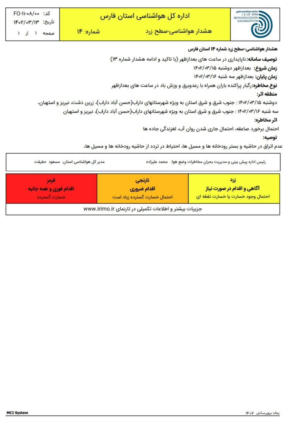 ‌ هشدار زرد هواشناسی؛ رگبار پراکنده باران در برخی نقاط فارس