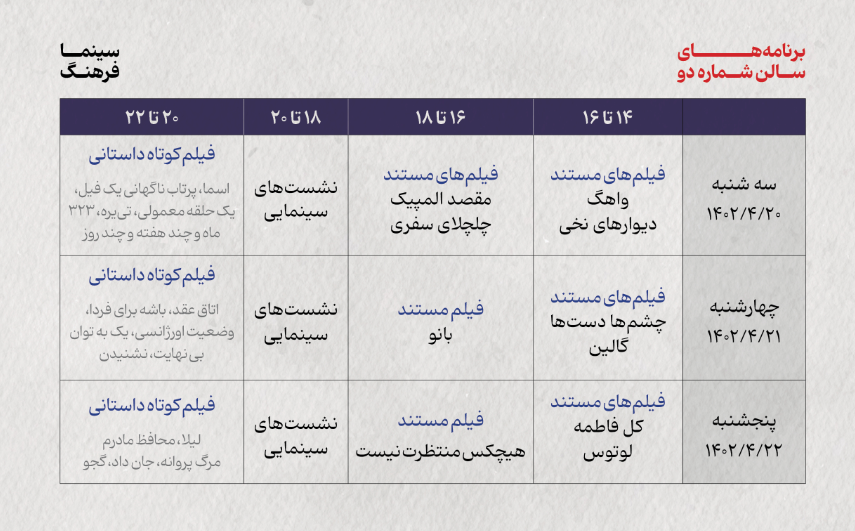 جدول نمایش آثار نخستین جشنواره بین‌المللی فیلم حوا