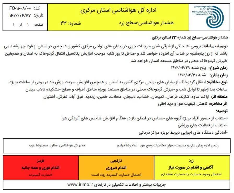 صدور هشدار سطح زرد هواشناسی