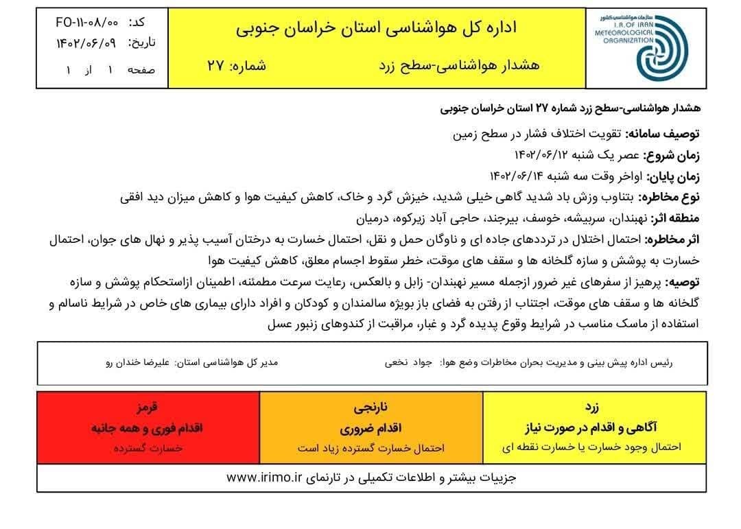 صدور هشدار سطح زرد هواشناسی برای ۶ شهرستان خراسان جنوبی