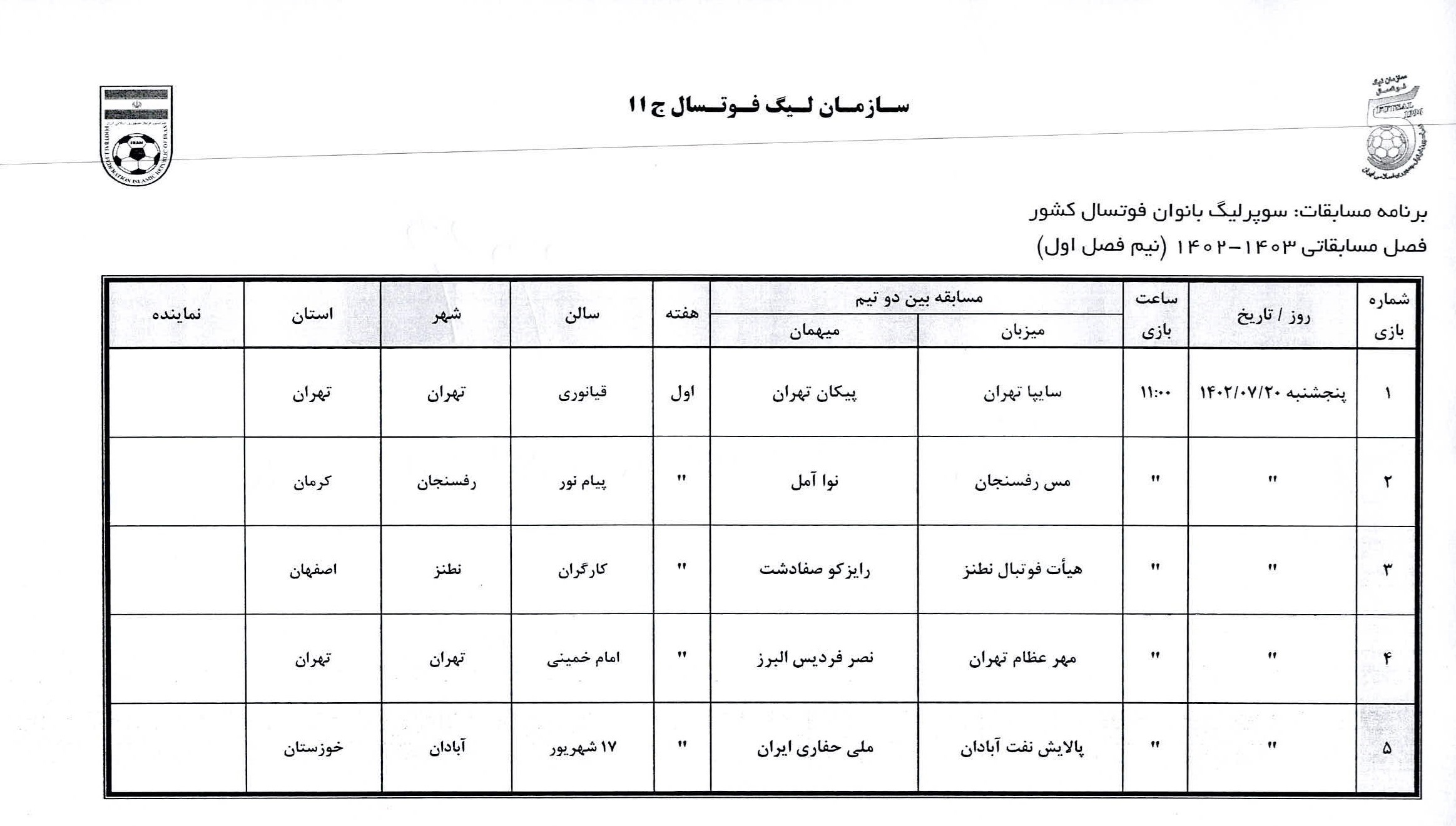 اعلام برنامه نیم فصل سوپرلیگ فوتسال بانوان