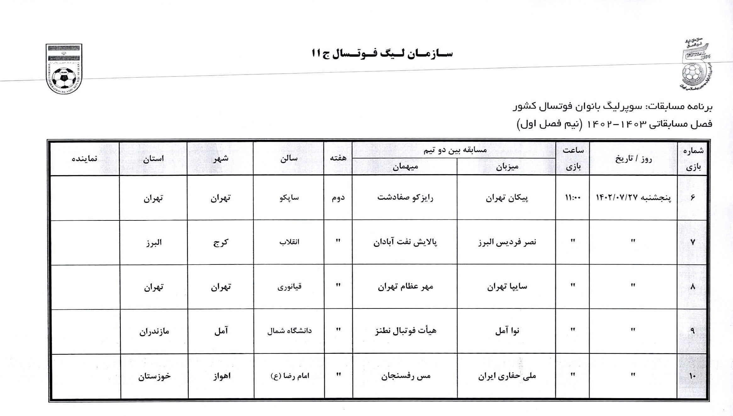 اعلام برنامه نیم فصل سوپرلیگ فوتسال بانوان