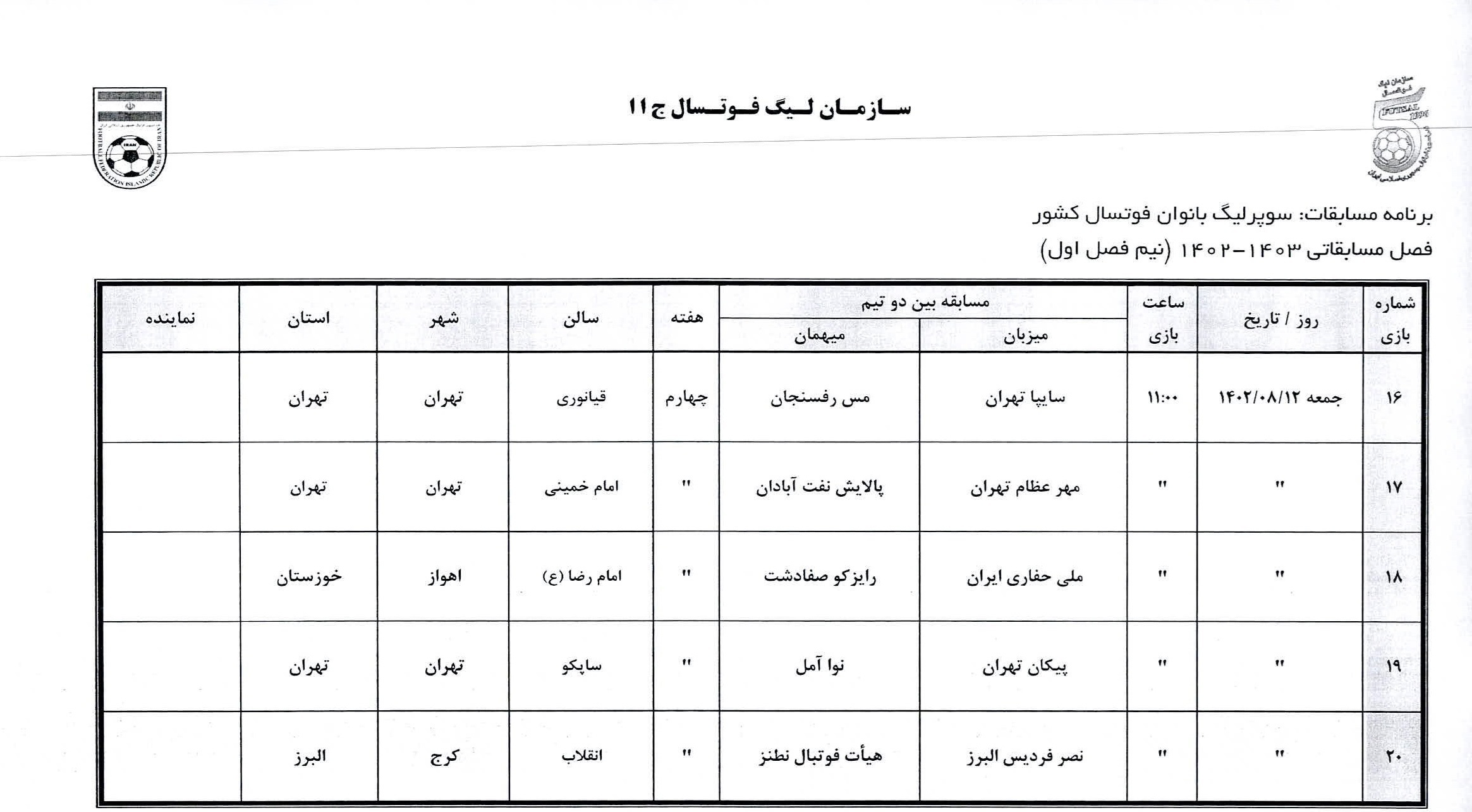 اعلام برنامه نیم فصل سوپرلیگ فوتسال بانوان