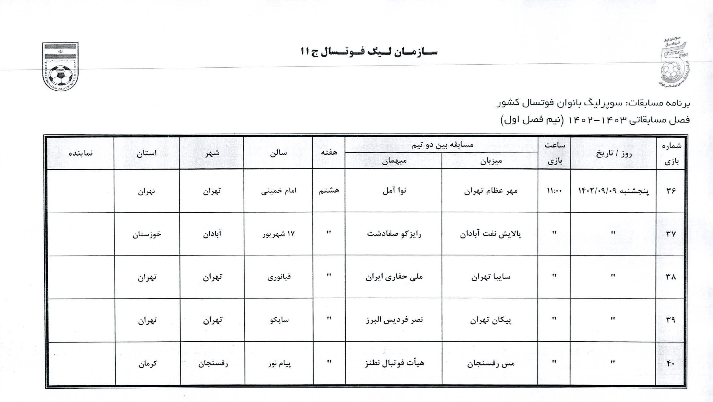 اعلام برنامه نیم فصل سوپرلیگ فوتسال بانوان