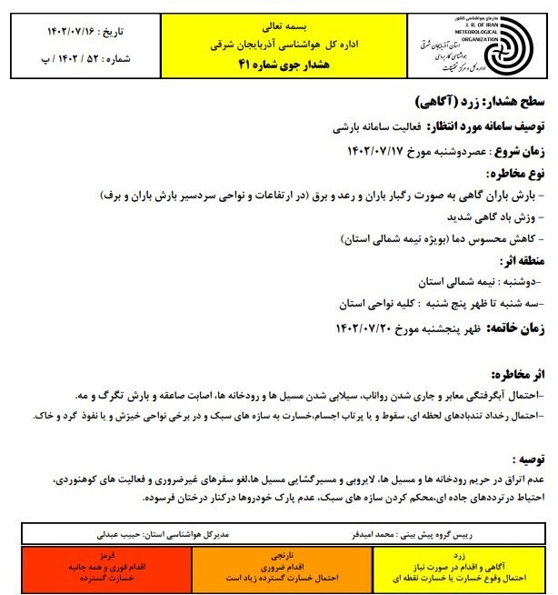 بارش باران و برف از اواسط هفته در آذربایجان شرقی