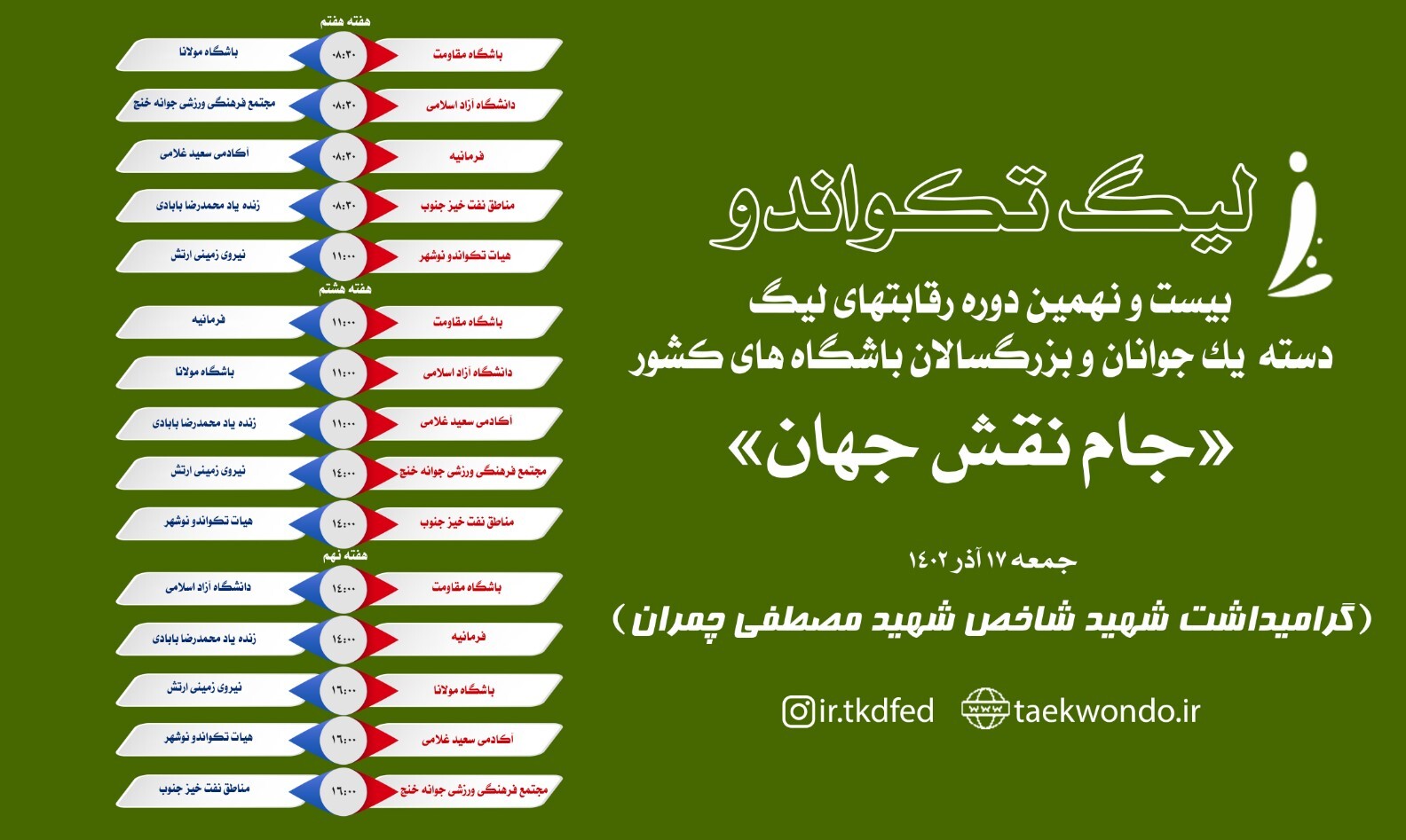 برنامه هفته هفتم تا نهم لیگ دسته یک تکواندو