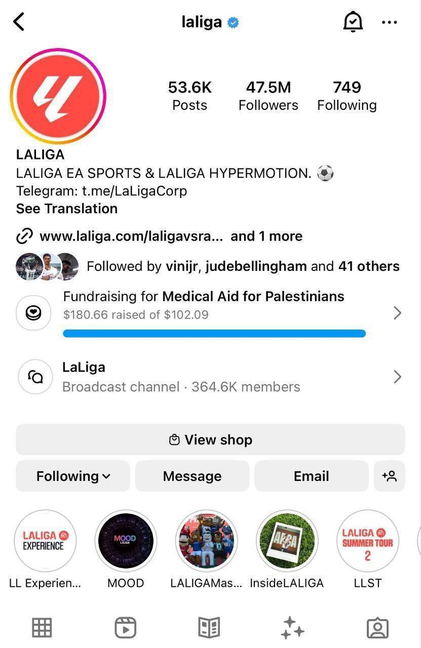 جمع آوری کمک برای فلسطین در صفحه رسمی لالیگا