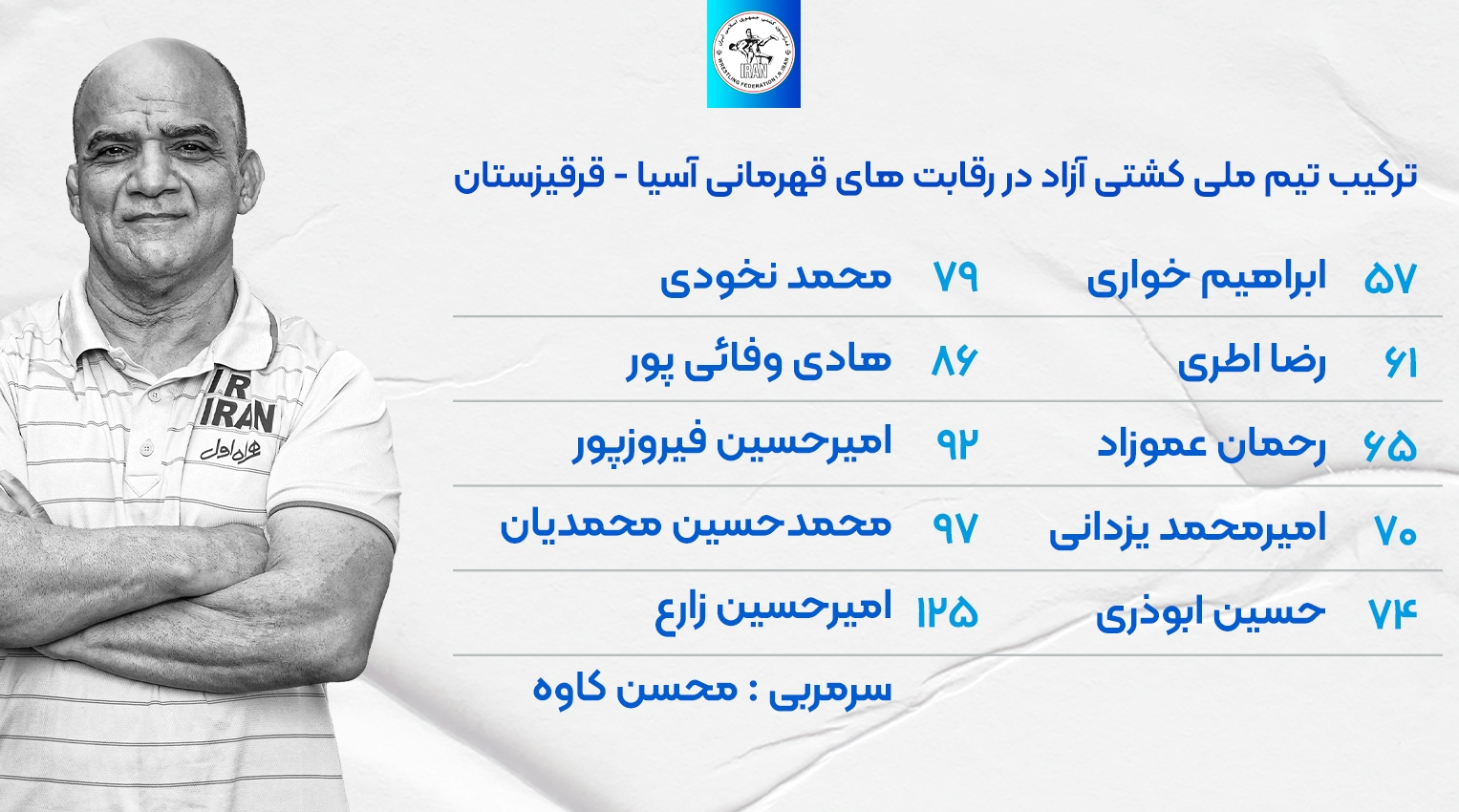 اعلام ترکیب تیم ملی کشتی آزاد ایران در مسابقات قهرمانی آسیا