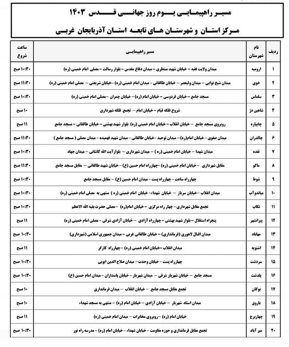 اعلام مسیرهای راهپیمایی روز جهانی قدس در شهرهای آذربایجان غربی