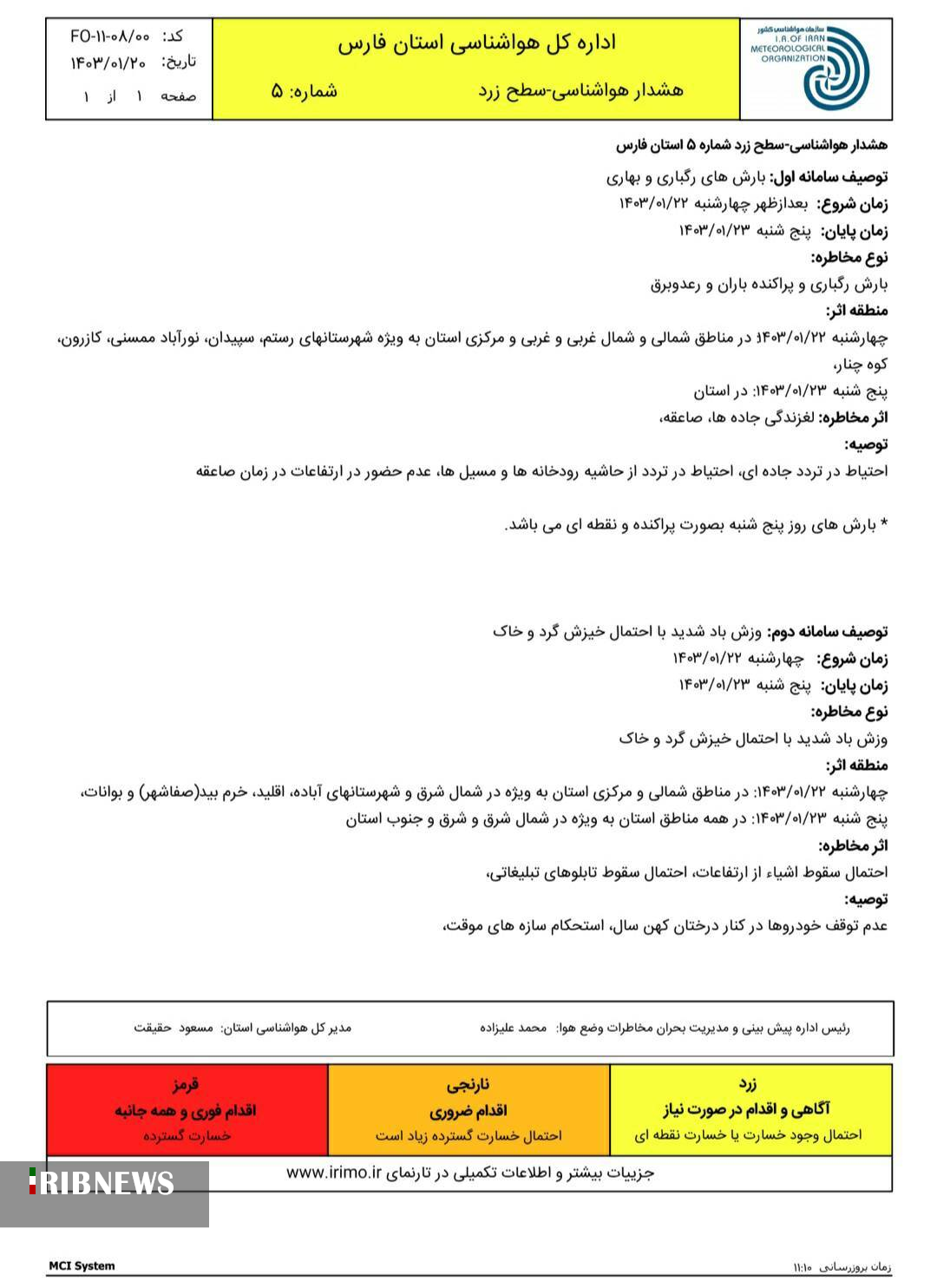 هشدار زرد هواشناسی برای فارس