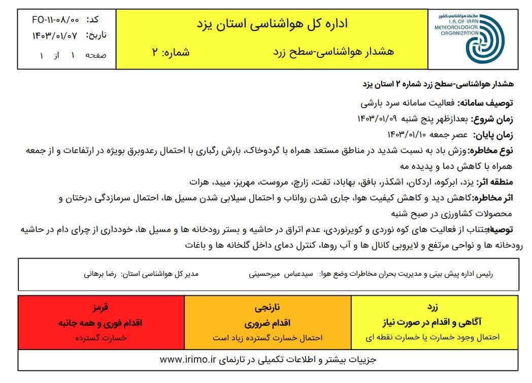 صدور هشدار سطح زرد هواشناسی در استان یزد