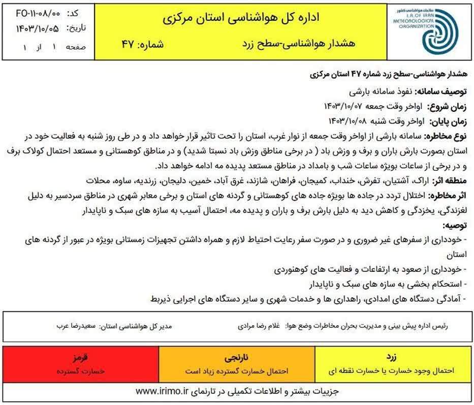 صدور هشدار هواشناسی سطح زرد شماره ۴۷