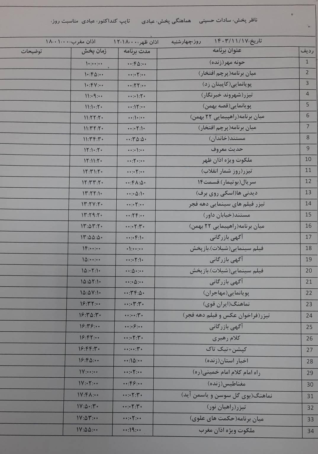 جدول پخش برنامه‌های سیمای شبکه دنا