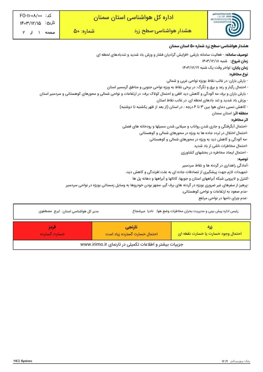 اعلام هشدار زرد هواشناسی در سمنان