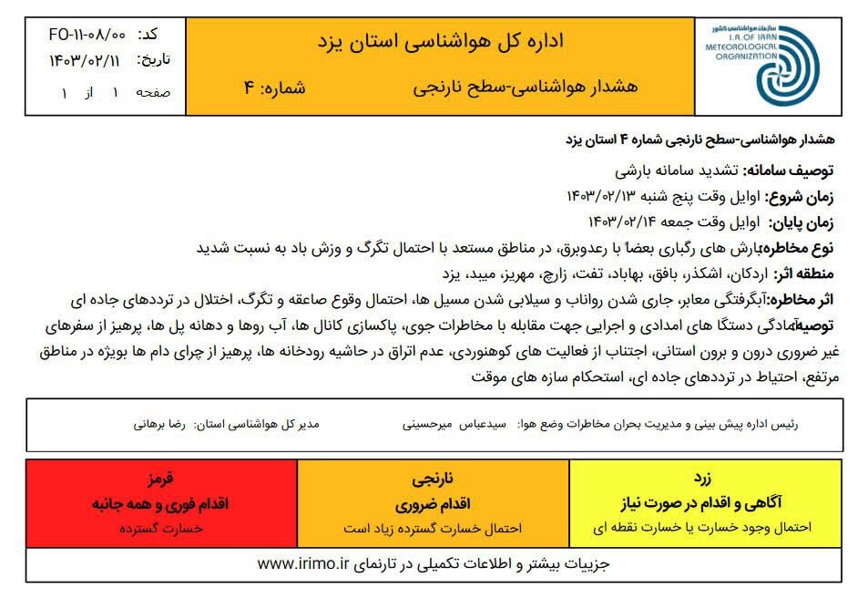 هشدار سطح نارنجی هواشناسی در یزد