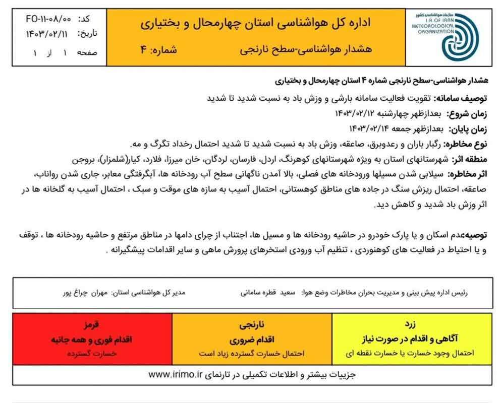 صدور هشدار سطح نارنجی در چهار محال و بختیاری