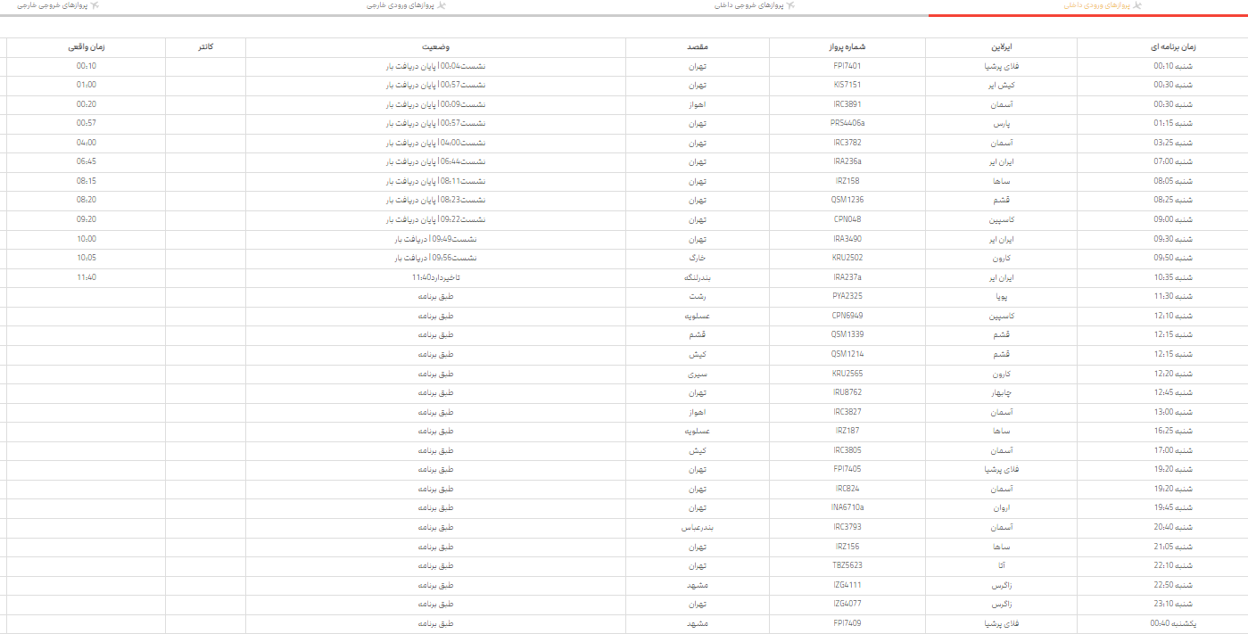 پرواز‌های فرودگاه شیراز؛ شنبه 22اردیبهشت