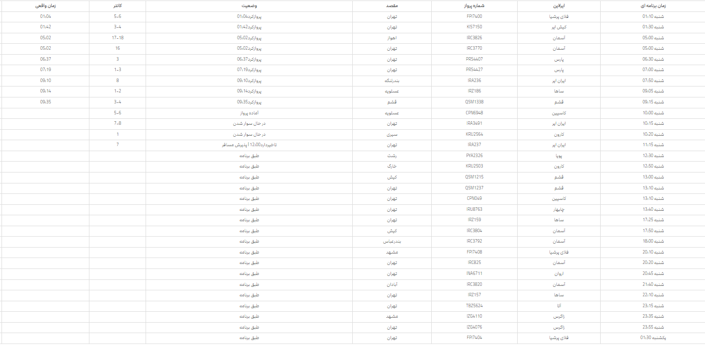 پرواز‌های فرودگاه شیراز؛ شنبه 22اردیبهشت