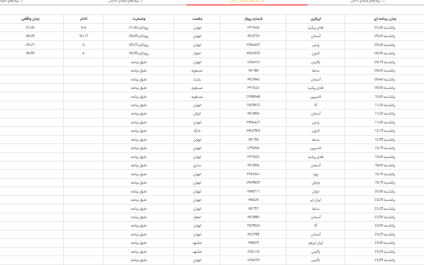 برنامه پرواز‌های فرودگاه شیراز؛ دوشنبه ۲۳ اردیبهشت