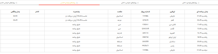 برنامه پرواز‌های فرودگاه شیراز؛ دوشنبه ۲۳ اردیبهشت