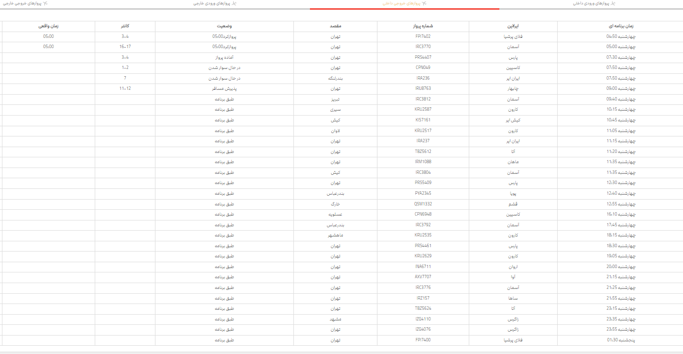 پرواز‌های فرودگاه شیراز؛ چهارشنبه ۲۶ اردیبهشت